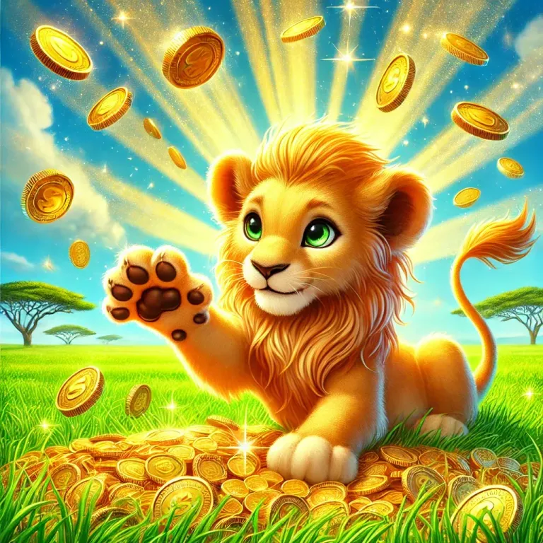 DALL·E 2025-01-24 22.30.31 - A young lion in a majestic pose, reaching out with its paw to grab golden coins scattered on a vibrant green grass field. The lion has a golden mane g.webp