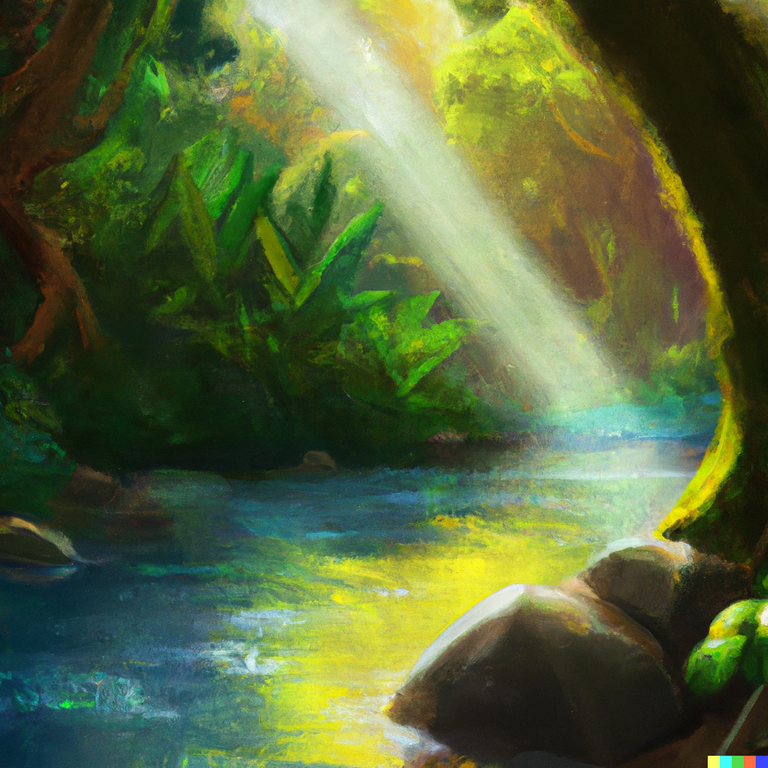 DALL·E 2022-11-10 17.41.53 - By a river in the jungle on a tropical island. _I was about to go back to searching when I saw a spark of light on the banks of the river. I waded ove.png