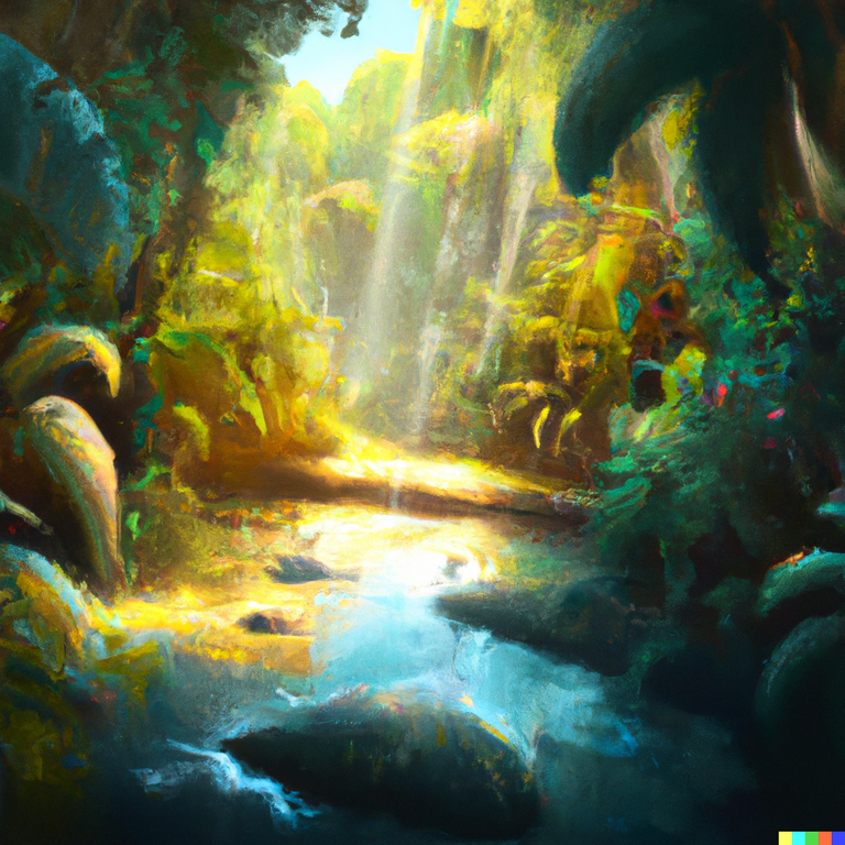 DALL·E 2022-11-10 17.42.00 - By a river in the jungle on a tropical island. _I was about to go back to searching when I saw a spark of light on the banks of the river. I waded ove.png