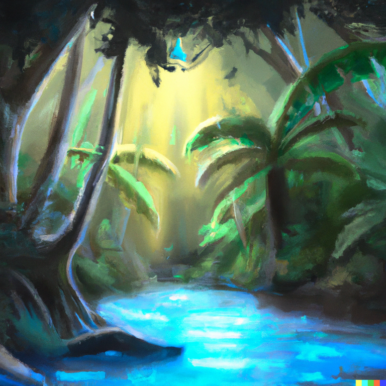 DALL·E 2022-11-10 17.42.07 - By a river in the jungle on a tropical island. _I was about to go back to searching when I saw a spark of light on the banks of the river. I waded ove.png