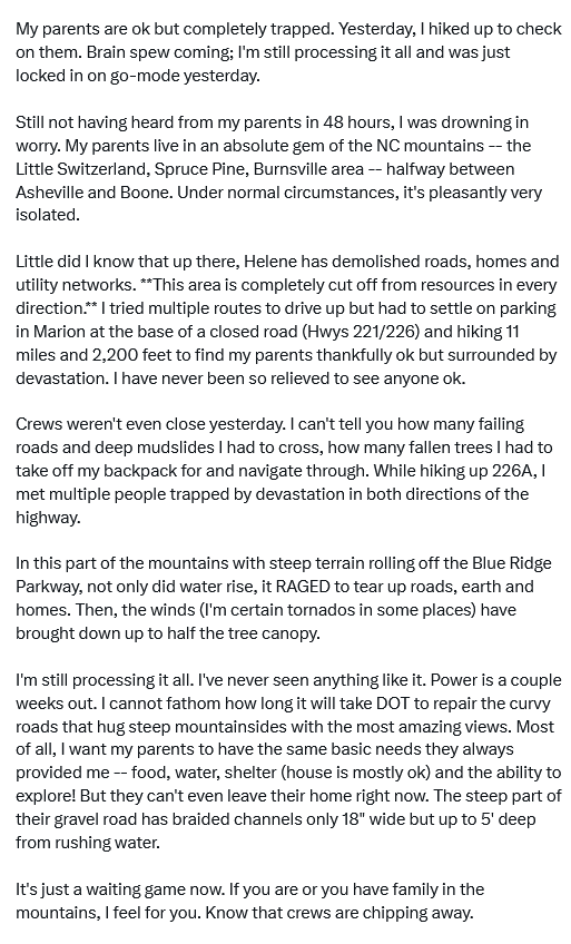 Screenshot 2024-10-07 at 20-23-33 (3) Allen Mashburn on X 🚨🚨🚨🚨👇👇👇👇 This gentleman hiked 11 miles to check on his parents— read his story of what all he saw. —- My parents are ok but completely trapped. Yesterday I hik[...].png