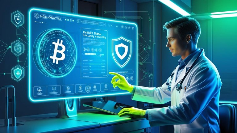 _A futuristic hospital with glowing blockchain networks connecting digital medical records. A doctor in a high-tech lab coat interacts with a holographic screen displaying cryptocurrency symbols and patient data security. The .jpg