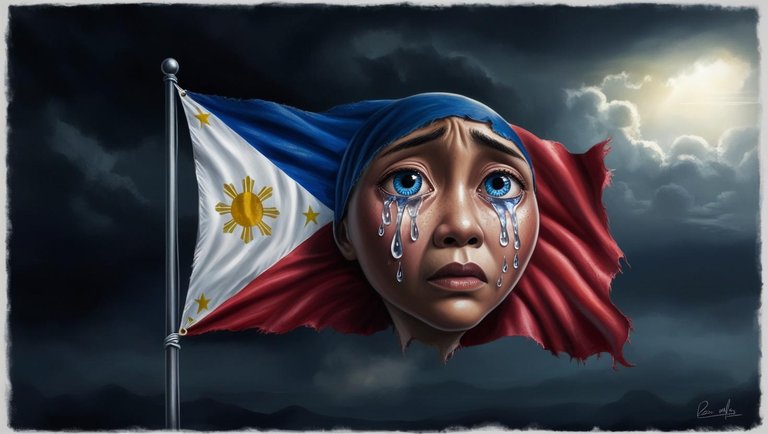 A highly detailed and emotional digital illustration of the Philippine flag, depicted as a living entity with human-like sorrowful eyes shedding tears. The tears should glisten as they fall, symbolizing grief and loss. The fla.jpg