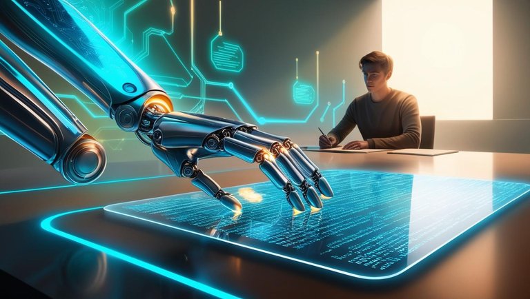 A futuristic digital landscape featuring a glowing blockchain network with AI-powered robotic hands typing on a holographic keyboard. In the background, a human writer is also working, symbolizing collaboration between AI and .jpg