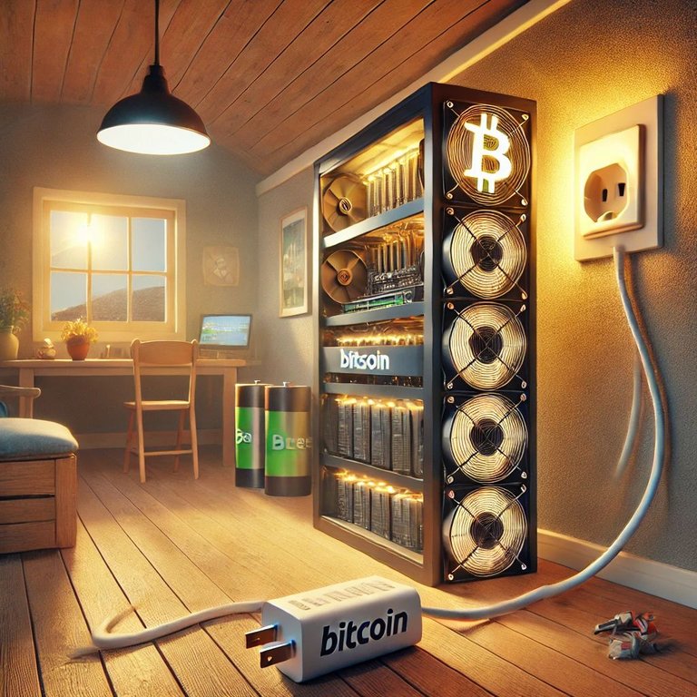 DALL·E 2025-01-18 21.10.35 - A conceptual illustration of a Bitcoin mining rig inside a cozy off-grid home, serving as a source of heating. The rig is placed next to a.jpg