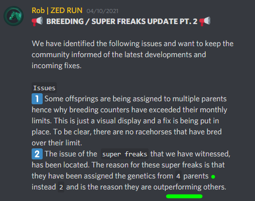 A screenshot of official announcement in ZED run Discord