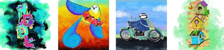 From left to right by Fabi Yamada: Hodl Birds, He Was A Sk8er Bird, Mésange Bleue on Motorcycle, & Bird Homes