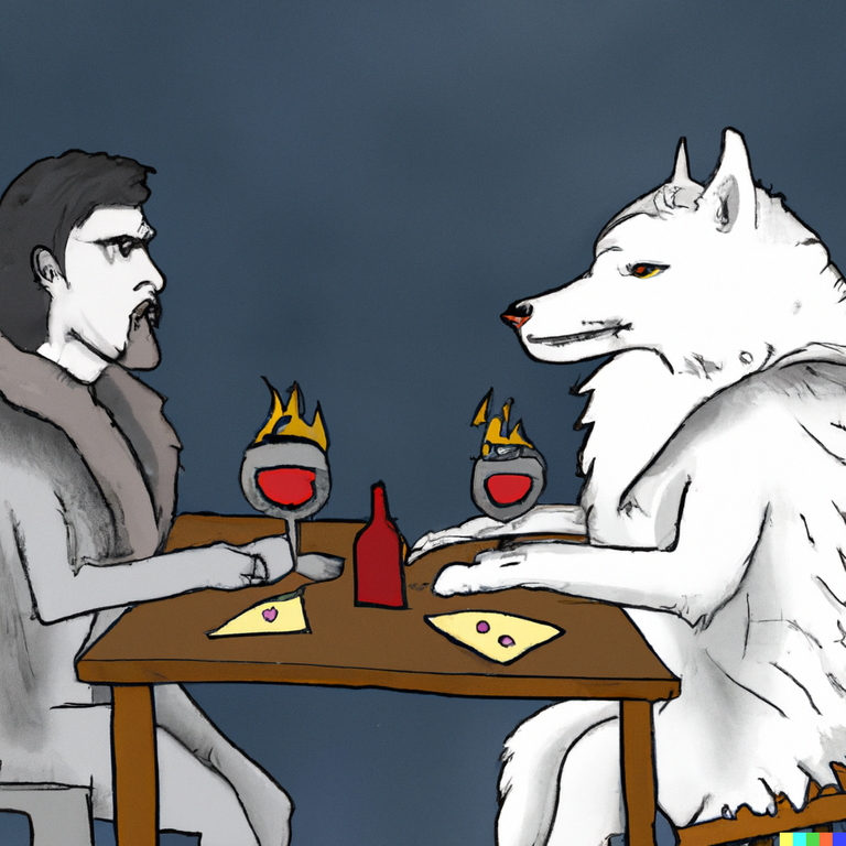 DALL·E 2022-10-02 21.16.17 - jon snow playing poker with his white red eyed wolf while eating some french fries and having some wine.png