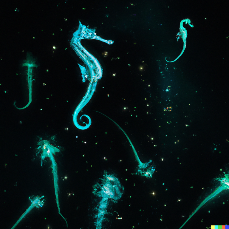 DALL·E 2022-07-17 16.50.39 - Photorealistic image of Bioluminescent Seahorses and Bioluminescent Jellyfish floating in outer space..png