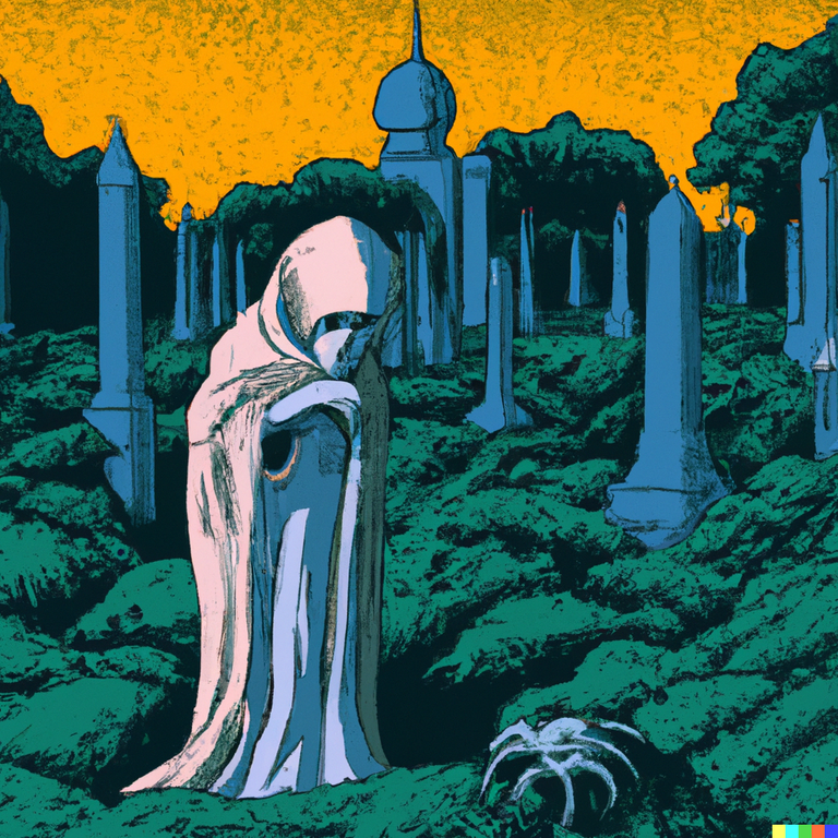 DALL·E 2022-09-09 13.04.27 - An illustration of an alien, from far away, in a haunted graveyard, in the style of Moebius.png