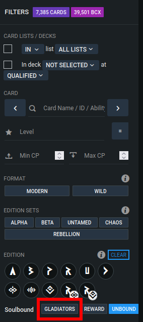 PeakMonsters card filters panel