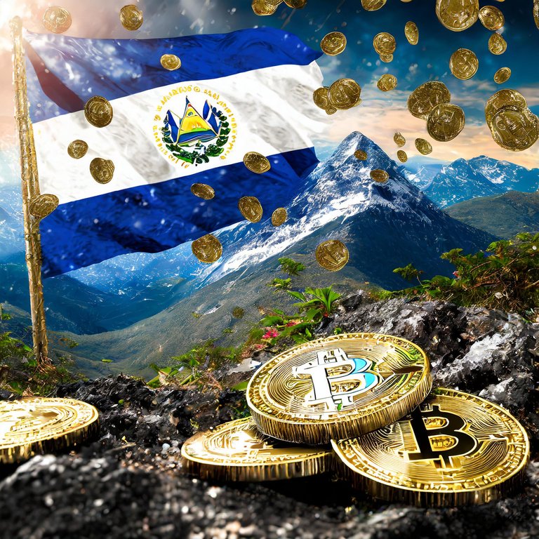 Firefly Lluvia de monedas de Bitcoin entre las montañas de El Salvador en la imagen se va una bander.jpg