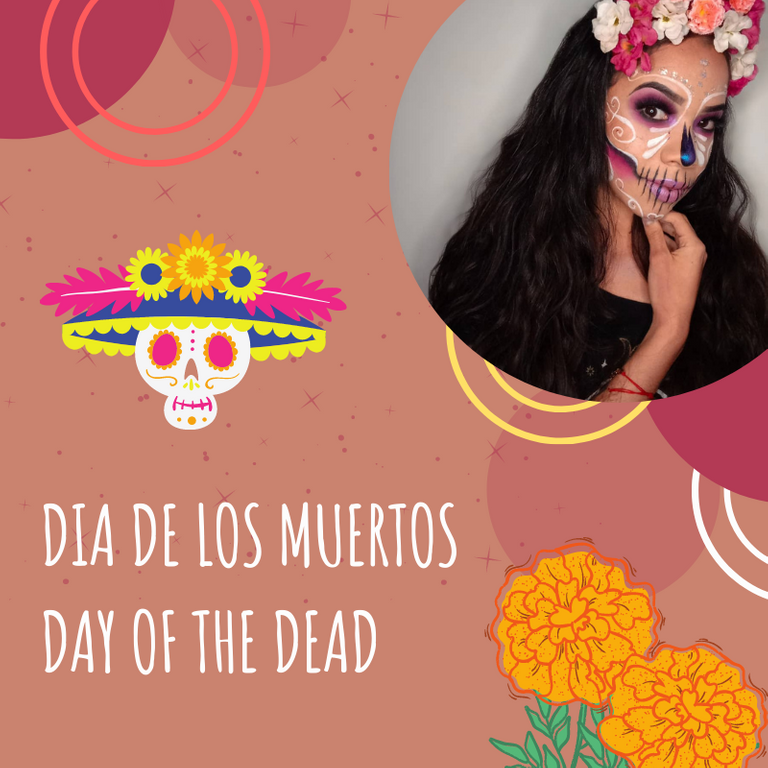 Frase del Día de Muertos con imagen de calaverita colorida e ilustración de estrellas.png