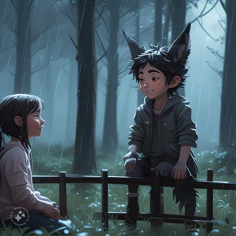 a_girl_sitting_beside_a_fence_in_the_forest_at_night_a_boy_with_wolf_ears_and_a_tail_is_on_the_other_side_of_the_fence_smiling_it_is_raining_and_gloomy.jpeg