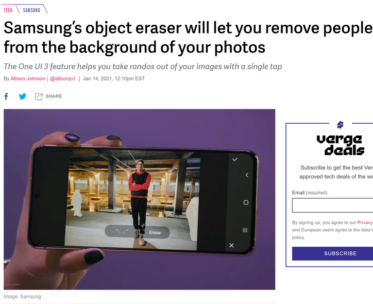 Source: The Verge at https://www.theverge.com/2021/1/14/22230902/samsung-s21-one-ui-3-object-eraser-photos-remove-people-background
