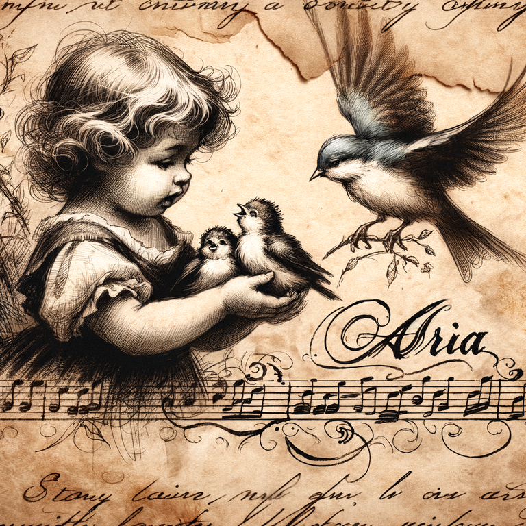 Handwritten_parchment_with_sketch_illustrations_of_a_little_girl_handing_little_birds_to_their_mother___Rough_charcoal_sketch_on_old_paper,_the_word_Aria,_clean_line_art.png