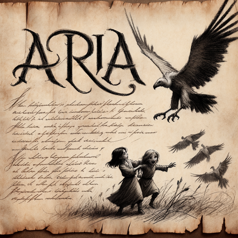 Handwritten_parchment_with_sketch_illustrations_of_two_little_girls_fighting_with_a_vulture___Rough_charcoal_sketch_on_old_paper,_the_word_Aria,_clean_line_art.png