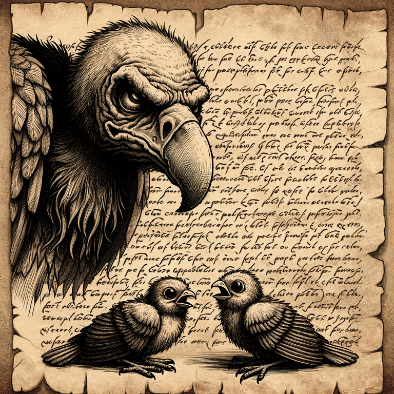 Handwritten_parchment_with_sketch_illustrations_of_a_haggard_looking_vulture_glared_down_with_cold,_hungry_eyes_as_two_scared_sparrows_huddled_within___Rough_charcoal_sketch_on_old_paper,clean_line_art.png