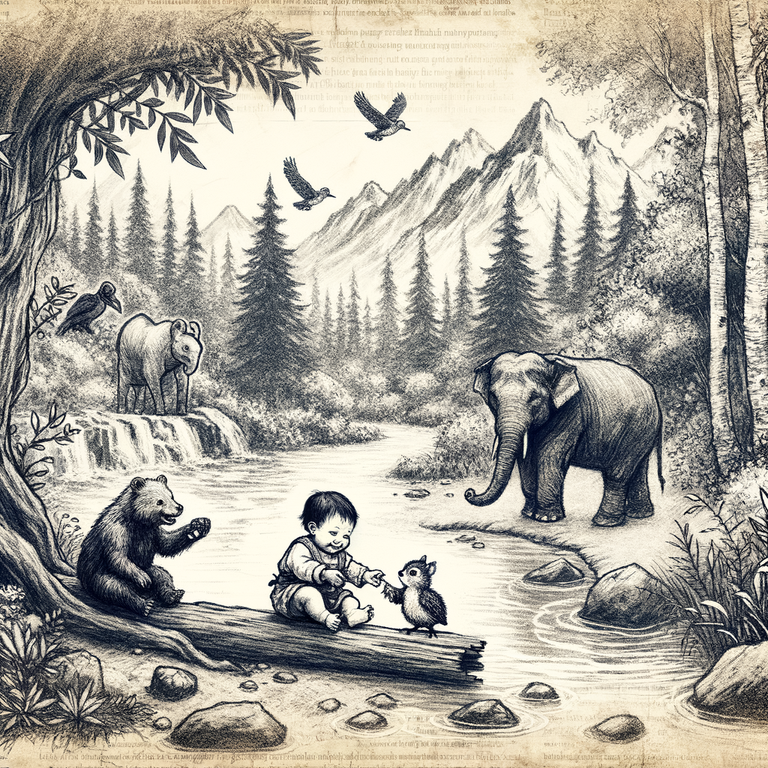 Handwritten_parchment_with_sketch_illustrations_of_a_baby_girl_and_a_baby_elephant_near_a_river_in_enchanting_woods._They_are_with_a_sage_owl,_a_playful_squirrel,_and_a_benevolent_bear,_who_generously_ (1).png