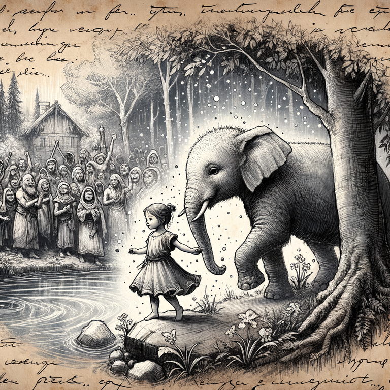 Handwritten_parchment_with_sketch_illustrations_of_a_baby_girl_and_a_baby_elephant_near_a_river_in_enchanting_woods_that_surrounded_by_villagers_celebrating_them,.___Rough_charcoal_sketch_on_old_paper,_Bab.png