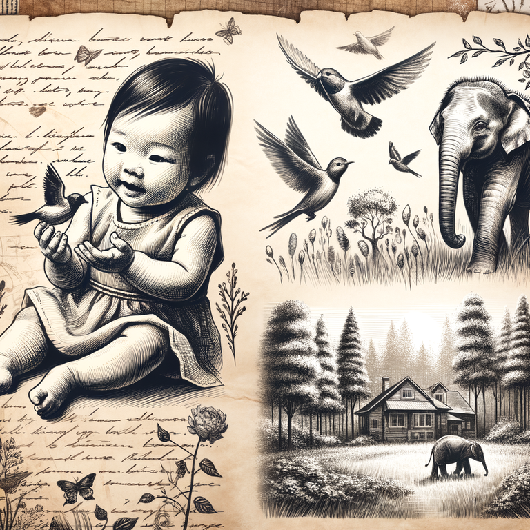 Handwritten_parchment_with_sketch_illustrations_of_a_baby_girl_and_a_baby_elephant_in_lush_meadows_and_enchanting_woods_that_surrounded_her_family's_farmhouse._The_baby_is_holding_some_birds_in_her_han (1).png