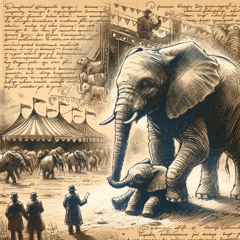 Handwritten_parchment_with_sketch_illustration_of_a_baby_elephant_being_rescued_near_a_circus.___Rough_charcoal_sketch_on_old_paper,_clean_line_art__1.5_Sketchnote_Style_+_layer_of_handwritten_text__2_ (1).png