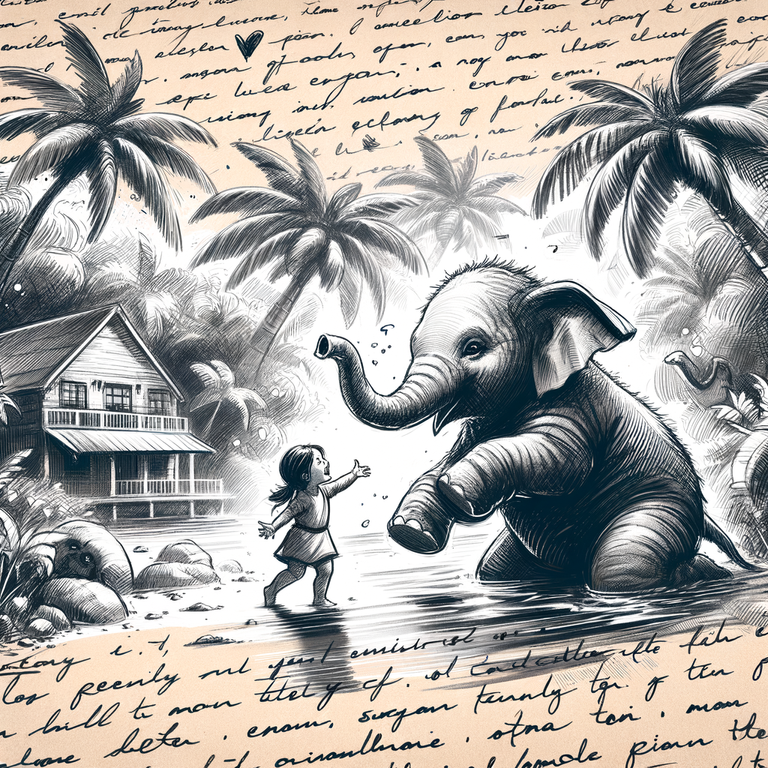 Handwritten_parchment_with_sketch_illustrations_of_a_baby_girl_and_a_baby_elephant_near_a_river_in_enchanting_woods_that_surrounded_her_family's_farmhouse._a_lush_oasis,_embraced_by_tall_palms_and_glit (1).png