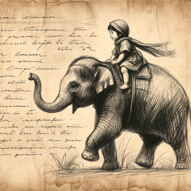 Handwritten_parchment_with_sketch_illustration_of_a_baby_girl_riding_a_baby_elephant___Rough_charcoal_sketch_on_old_paper,_clean_line_art__1.5_Sketchnote_Style_+_layer_of_handwritten_text__2_--v_5.2_--ar_9.png