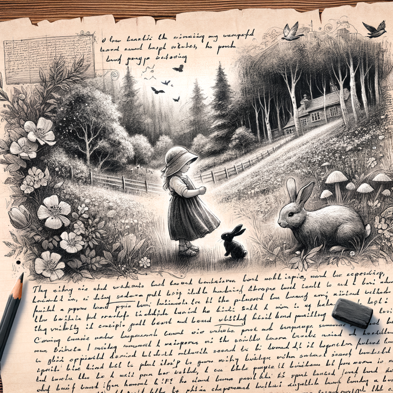 Handwritten_parchment_with_sketch_illustrations_of_a_baby_girl_and_a_beautiful_rabbit_in_lush_meadows_and_enchanting_woods_that_surrounded_her_family's_farmhouse.___Rough_charcoal_sketch_on_old_paper,clean.png