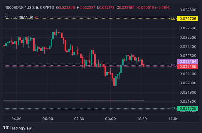 Ein weiterer vollkommen sinnfreier Kandidat ist #Bonk ein Token auf der SOL Chain, wo übrigens derzeit die meisten Scams sind. Dieser Coin befindet sich derzeit wohlverdient im Downtrend, weil irgendwann auch mal die dümmsten Schafe erwachen spätestens, wenn ihre Wallet komplett leergescamt ist. Nun gibt es dann einige Schlaumeier, die dennoch nachkaufen um dann den Downtrend bestätigt zu sehen. Wie ihr sehr, gibt es eine Liq linie (gelb oben) und ein TP (grün unten) aber kein SL. Wo sollte man den auch setzen bei Eröffnung, gegen 6:00? Jetzt, wenn man den Tagestrend einen wenig beobachtet, könnte man ihn über den letzten Buckel setzen, bei etwa 0,02235