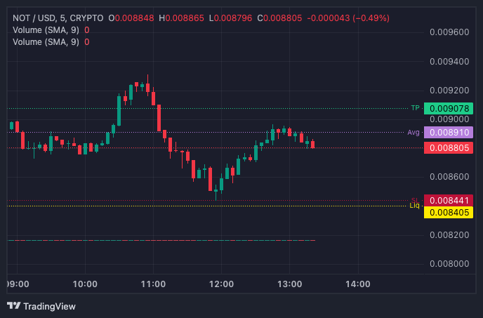 5 min Chart von NOT von heute 13Uhr21: Nach einem schönen Pump heute morgen rutscht der Chart wieder ab und fängt sich bei 0,00842 wieder. Dann zeigt sich ein nicht ganz sauberer Morning Star, für mich das Signal wieder Long zu gehen und den SL (roter Strich) setze ich dicht unter den Docht des Morning Stars. Den TP andrerseits unter den Peak von heute, weil ich den auf jeden Fall heute erreichen will.