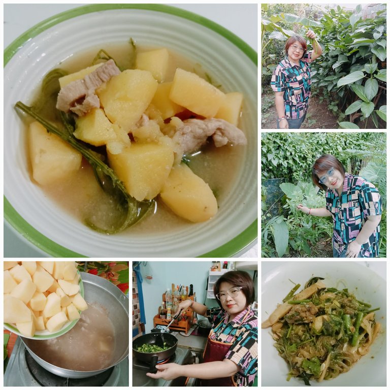 Food for family, cooked by my wife with the chemical free vegetables I plant in my home garden part 78 : Thai soup with potato and pork, Steamed chicken wrapped with banana leaf stir-fried with vegetables.