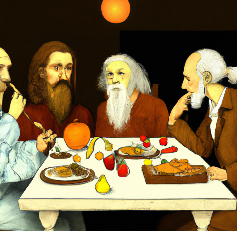 DALL·E 2023-03-31 09.08.58 - Albert Einstein, Leonardo Da Vinci, Nicola Tesla and Pythagoras eating fruits and vegetables at the dinner table, digital art.png