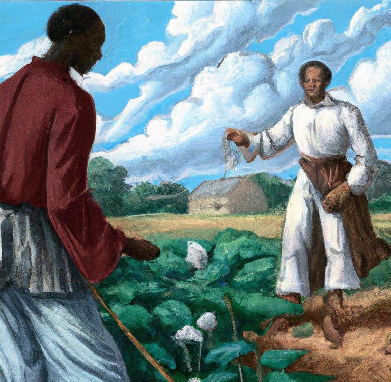 A white man holding a whip and directing a black man picking cotton on a plantation, digital art.jpg