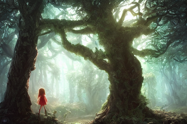 a_hyperrealistic_acrylic_painting_of_a_fantasy_scene_where_a_little_girl_is_standing_on_a_branch_of_a_huge_tree_in_a_magical_forest._Volumetric_lig_-W_768_-n_4_-i_-S_2340548336_ts-1660037615_idx-0.PNG