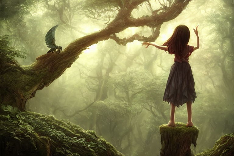 a_hyperrealistic_acrylic_painting_of_a_fantasy_scene_where_a_little_girl_is_standing_on_a_branch_of_a_huge_tree_in_a_magical_forest._Volumetric_lig_-W_768_-n_4_-i_-S_2340548336_ts-1660037883_idx-0.PNG