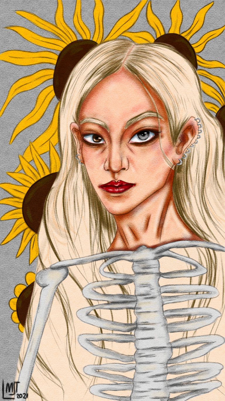 Woman with skeleton body and sunflower.png
