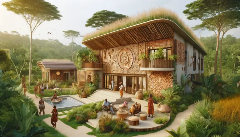 DALL·E 2024-04-26 13.12.15 - A small boutique eco-lodge in Ghana, designed in an Afrofuturist style. The lodge is an intimate, low-rise building incorporating sustainable material.webp