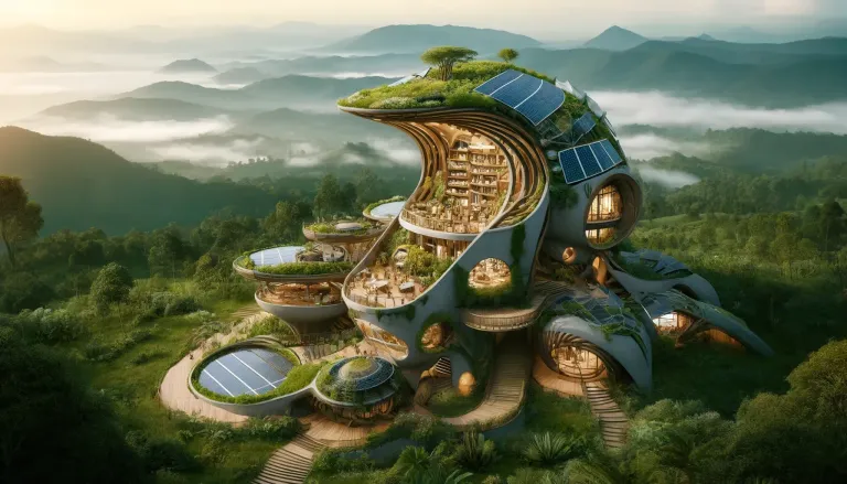 DALL·E 2024-04-26 13.32.58 - An Afrofuturistic eco-lodge in Rwanda, blending traditional Rwandan architectural styles with futuristic ecological design. The structure features a h.webp