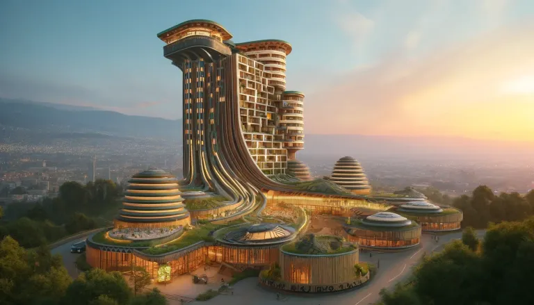 DALL·E 2024-04-26 13.33.22 - An Afrofuturistic hotel in Kigali, Rwanda, representing the blend of Rwandan heritage and futuristic innovation. The hotel is a towering structure wit.webp