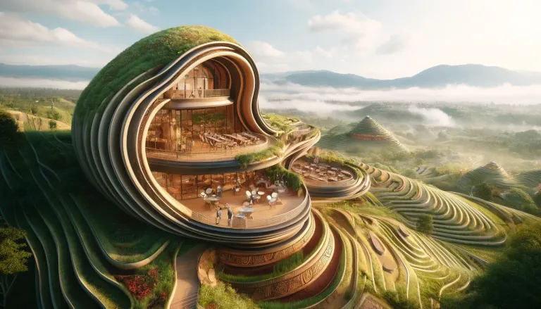 DALL·E 2024-04-26 13.33.14 - An Afrofuturistic eco-lodge in Rwanda, incorporating both traditional Rwandan elements and cutting-edge ecological technology. The lodge is designed w.webp