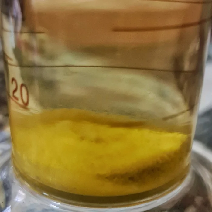 The precipitate after adding water to 100 ml of Calendula tincture and letting it settle.