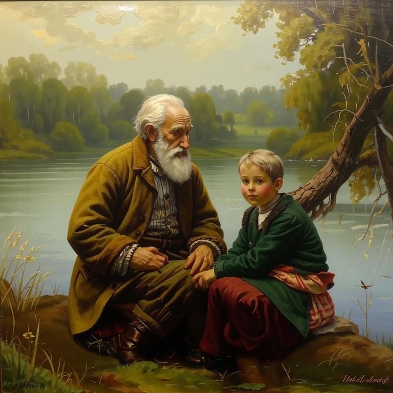 old man grey haired with his grandson watching the river 19th Century_Kandinsky 3.1.jpg