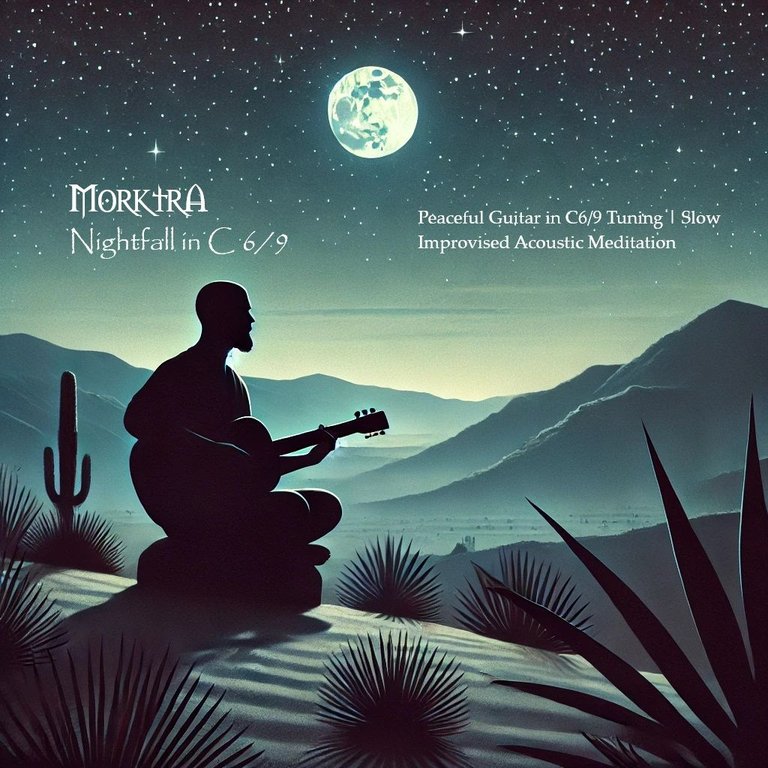 DALL·E 2024-10-29 01.13.58 - A calm, meditative scene at night in the high desert, featuring a silhouette of a bald man with a beard playing an acoustic guitar under a starlit sky.jpg