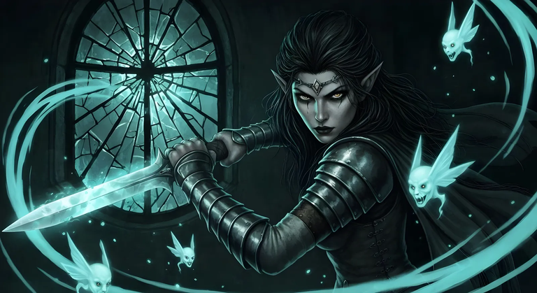 A gothic elven warrior woman’s gauntleted hand gripping a glowing blade, her eyes ...