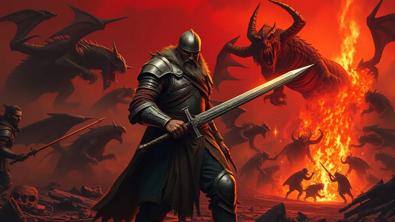 A grizzled knight, his armor scarred from countless battles, stands defiantly ...