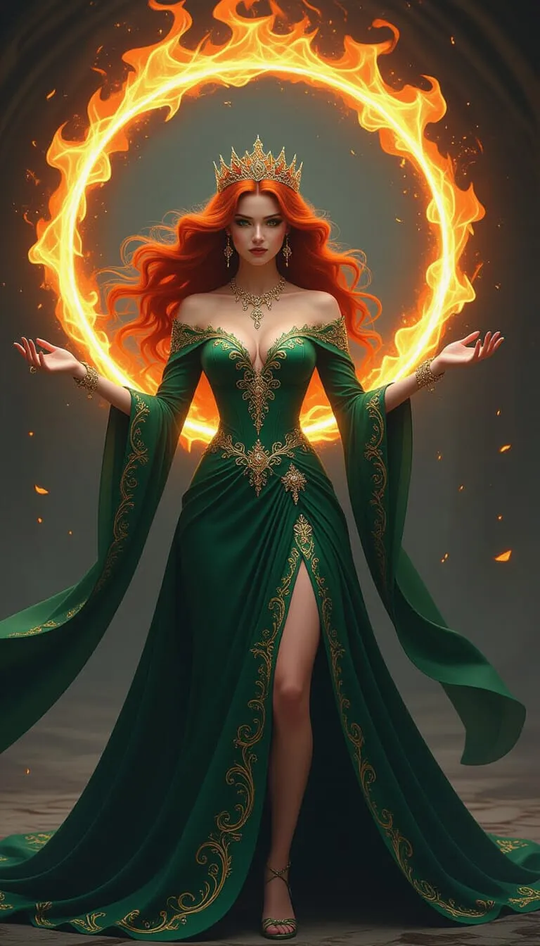 A powerful fantasy sorceress with flowing fiery hair glowing like flames, wearing ...