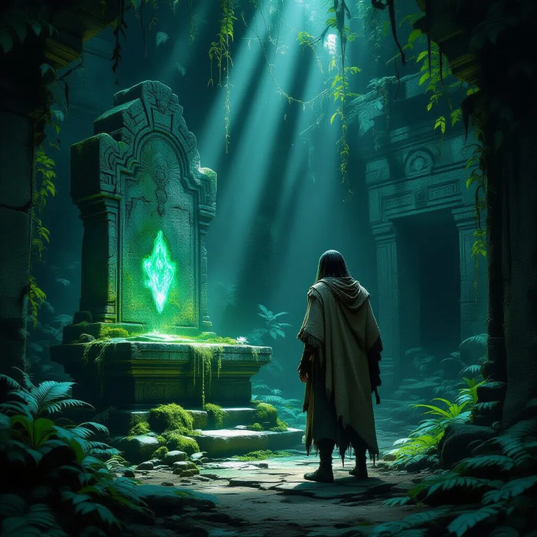 A lone traveler, weathered and weary, discovers an ancient, moss-covered stone ...