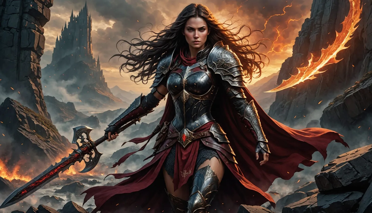 A powerful warrior woman standing on a rocky cliff, wearing intricately detailed ...