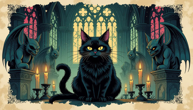 Gothic cat troll in a haunting cathedral, surrounded by grotesque gargoyles, ...